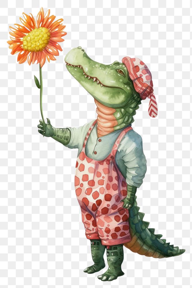 PNG  Crocodile watercolor holding flower representation.