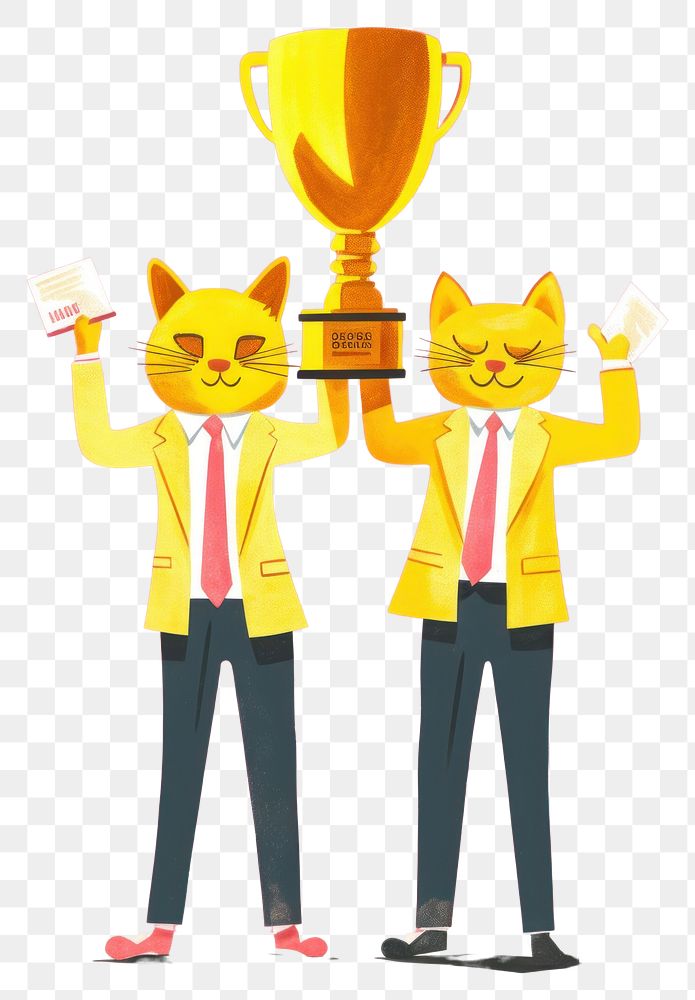 PNG Two cat businesspeople trophy holding representation.