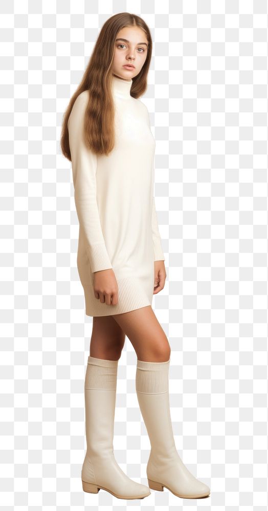PNG Teen woman wearing blank white knit mock turtleneck dress and long boot footwear fashion sleeve.