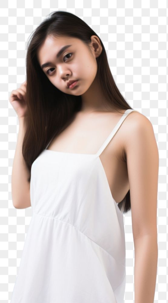 PNG Teen woman wearing blank white short slip dress fashion portrait adult.