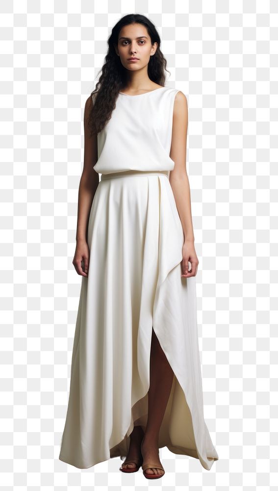 PNG Teen woman wearing blank white sleeveless draped midi dress fashion adult gown.