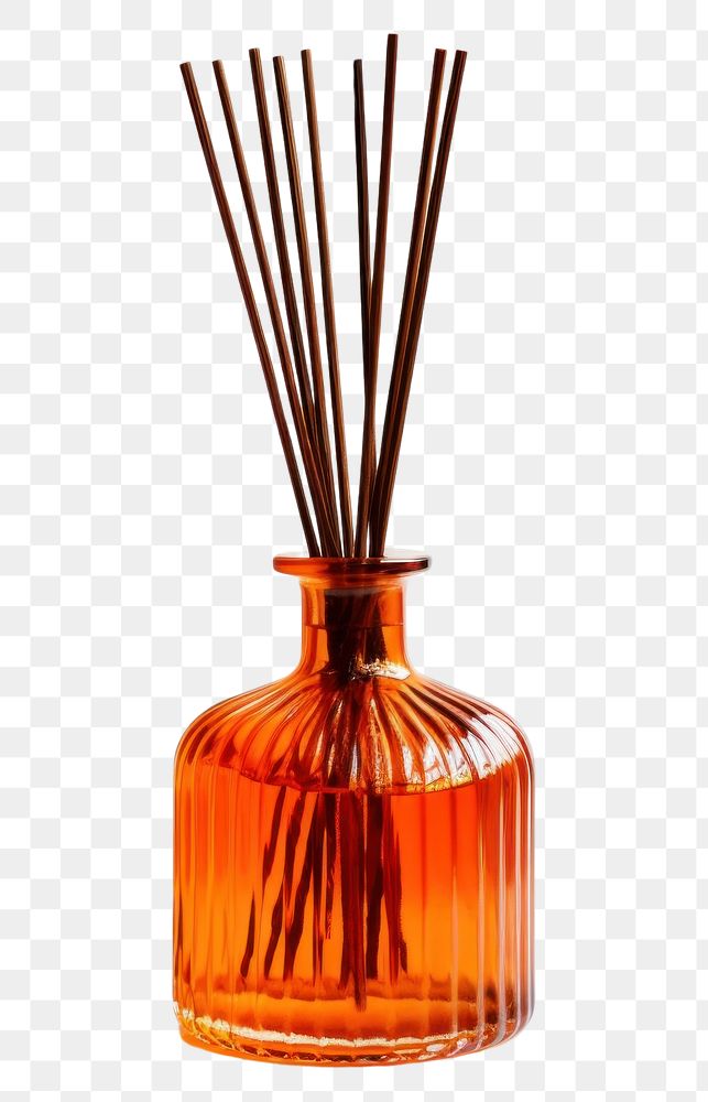 PNG A burnt orange glass budget amber glass retro reed diffuser bottle vase white background