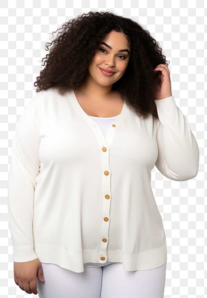 PNG Plus size woman wearing blank white knit cardigan with golden buttons blouse adult white background.