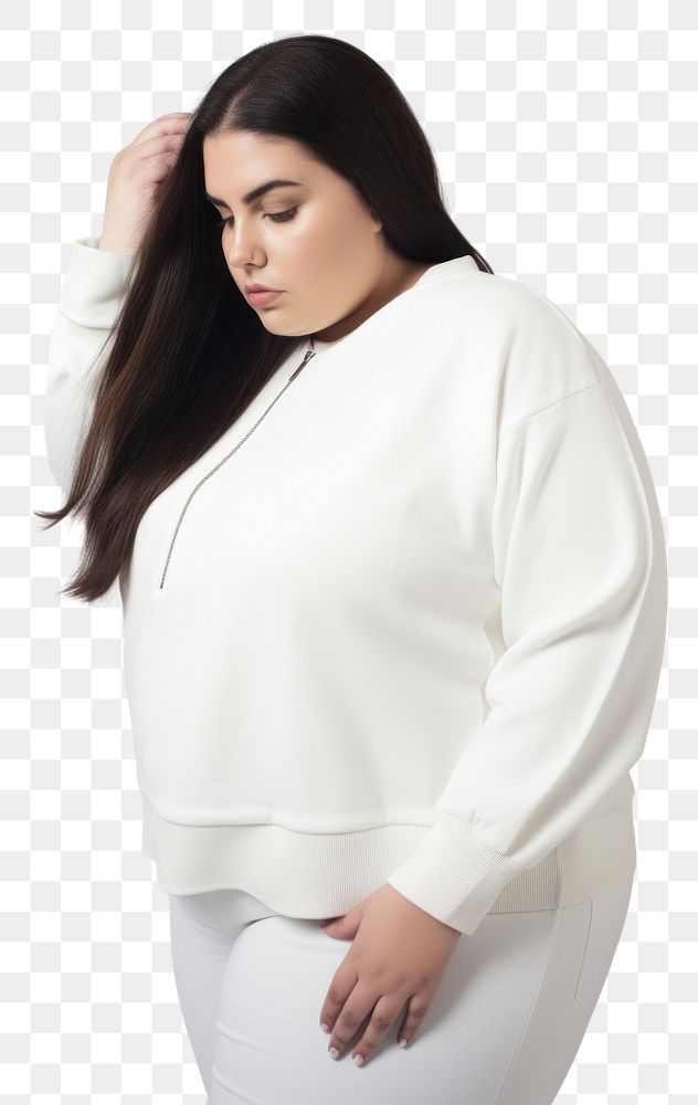 PNG Plus size woman wearing blank white crop knit sweater with zip sweatshirt sleeve blouse.