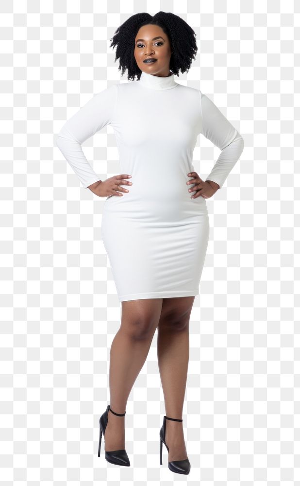 PNG Plus size woman wearing blank white short fitted dress sleeve adult white background.