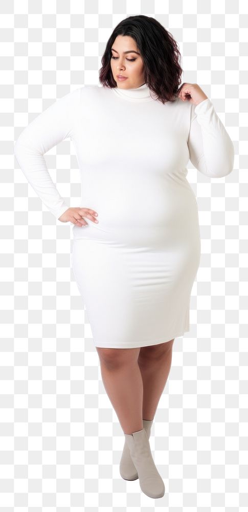 PNG Plus size woman wearing blank white knit mock turtleneck short dress sleeve adult white background.