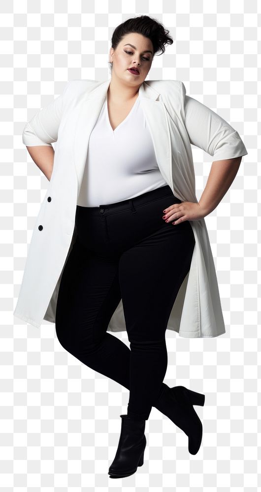 PNG Plus size woman wearing blank white blazer with rolled-up sleeves and black long boot footwear adult coat.