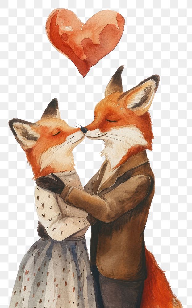 PNG  Two foxes hugging watercolor mammal animal art.