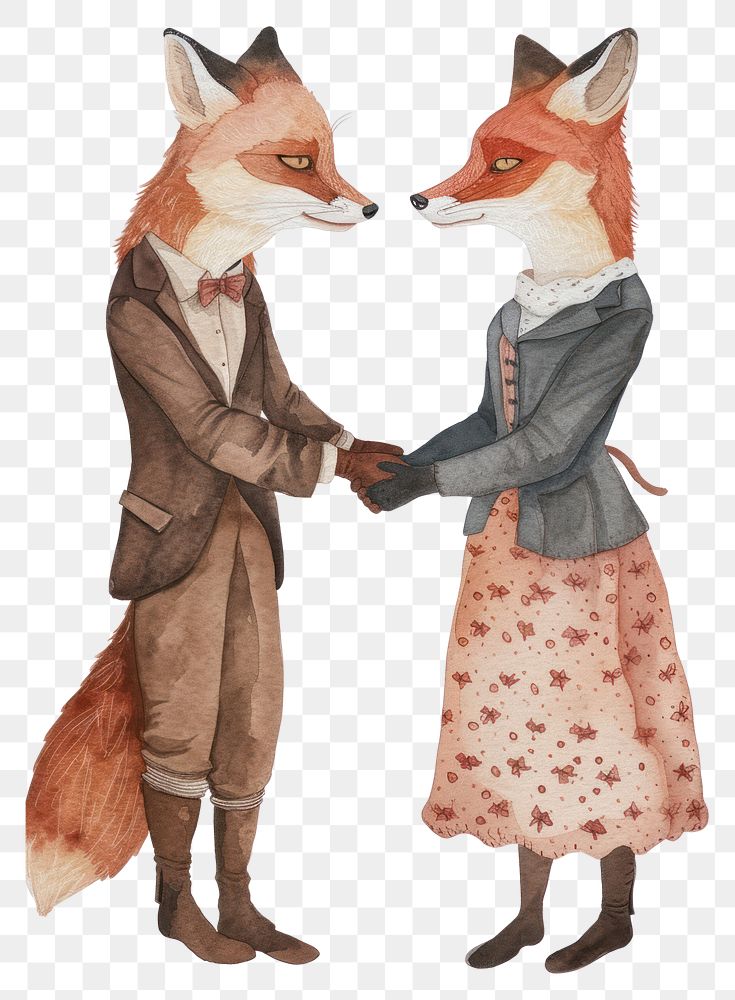 PNG  Two foxes shaking hands watercolor animal mammal adult.