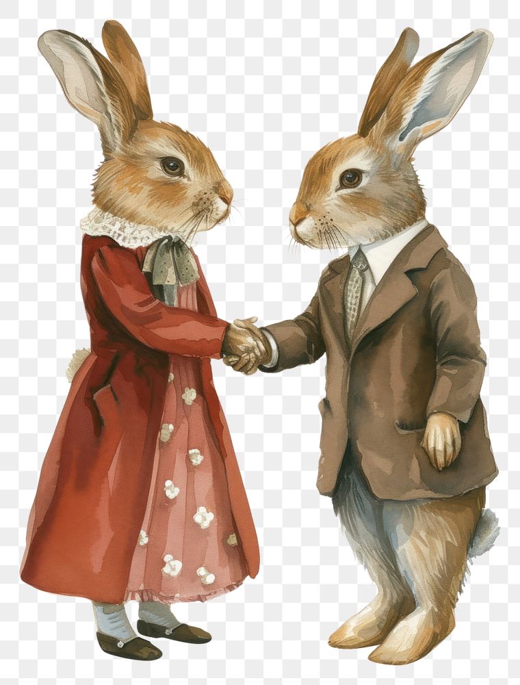 PNG  Two rabbits shaking hands watercolor rodent animal mammal.