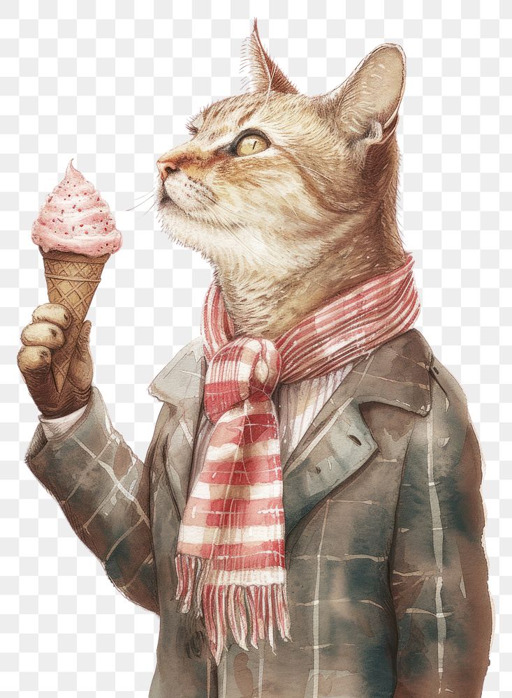 PNG  Cat eating ice cream watercolor carnivora standing portrait.