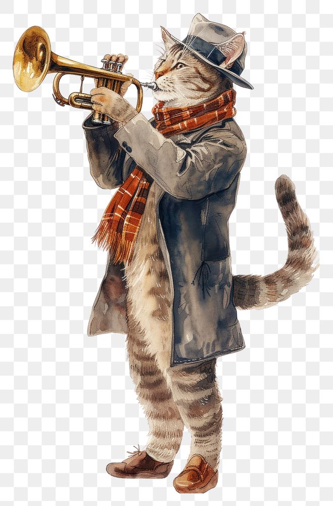 PNG  Cat playing trumpet watercolor clothing animal mammal.