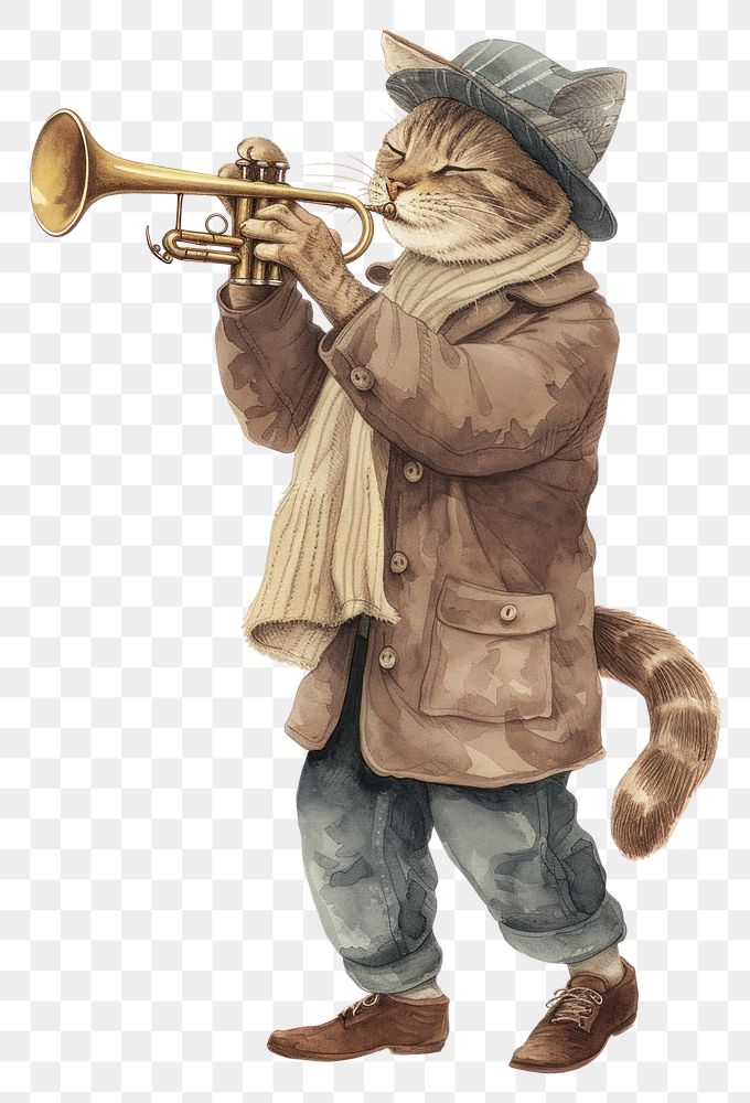 PNG  Cat playing trumpet watercolor clothing performance trumpeter