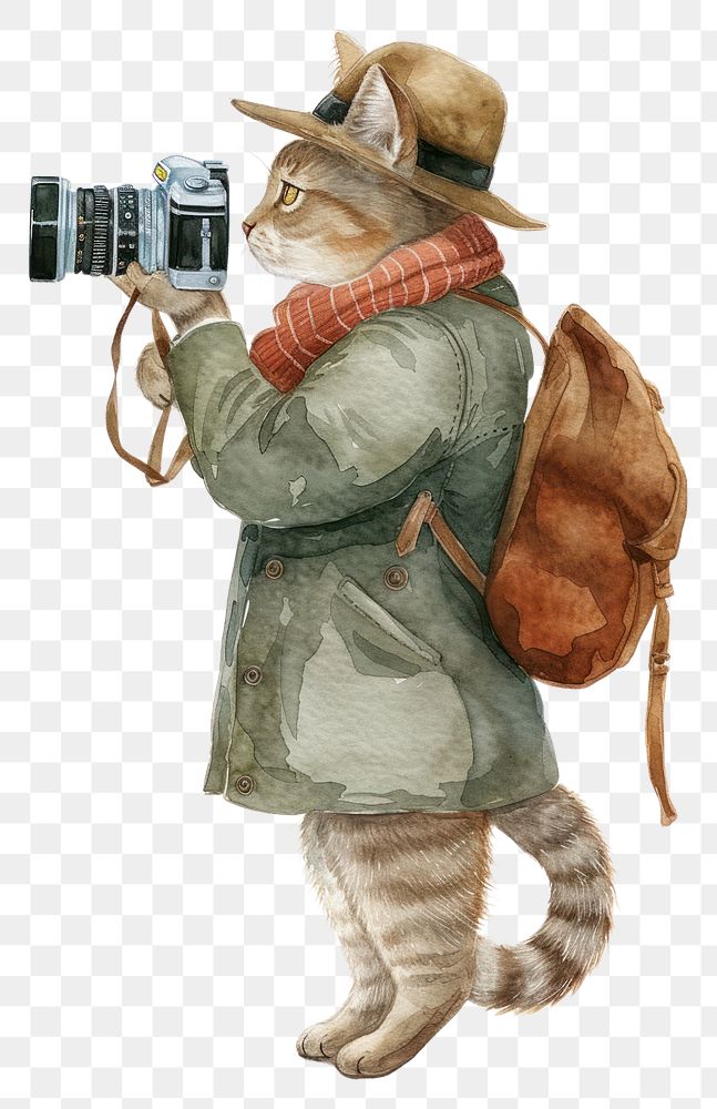 PNG  Cat with vintage camera watercolor clothing mammal animal.