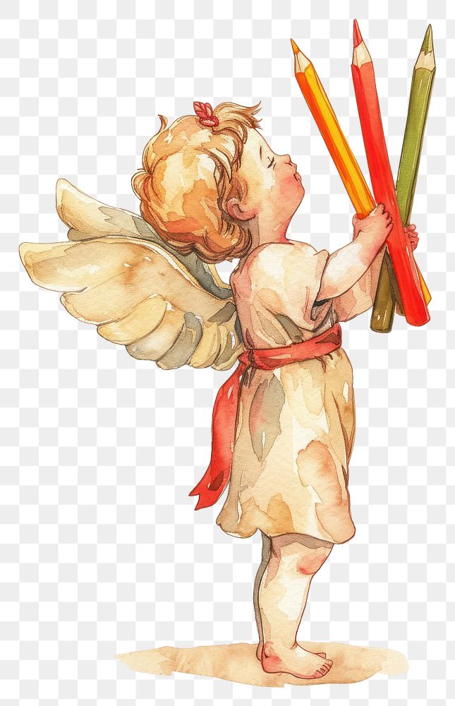 PNG  Cupid watercolor holding pencil art.