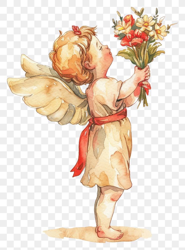PNG  Cupid watercolor flower art painting.