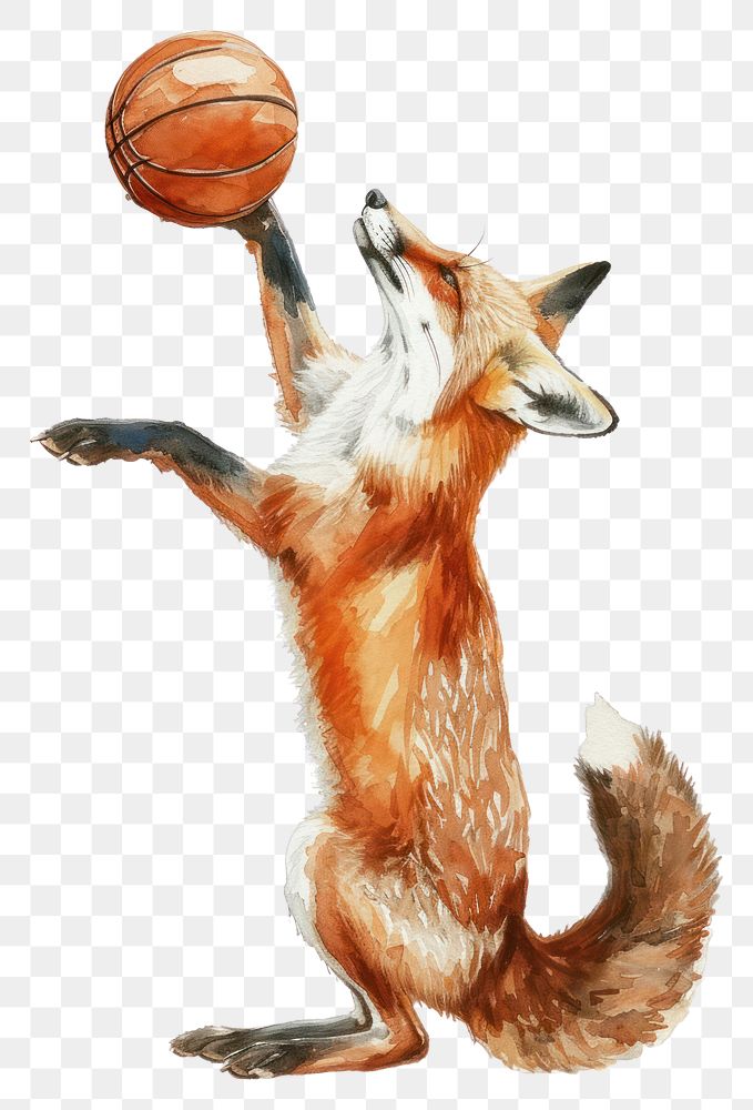 PNG  Fox catching basketball watercolor mammal animal sports.