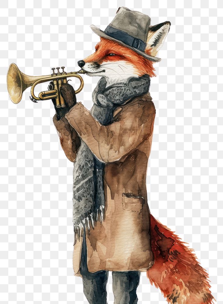 PNG  Fox playing trumpet watercolor clothing adult performance.