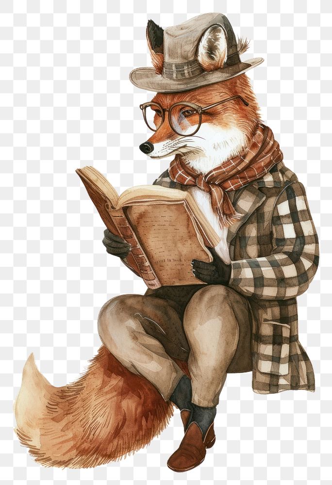 PNG  Fox reading book watercolor clothing glasses drawing.