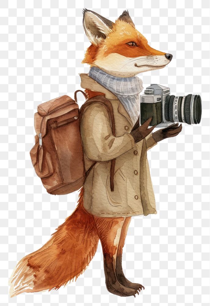 PNG  Fox with vintage camera watercolor wildlife clothing animal.