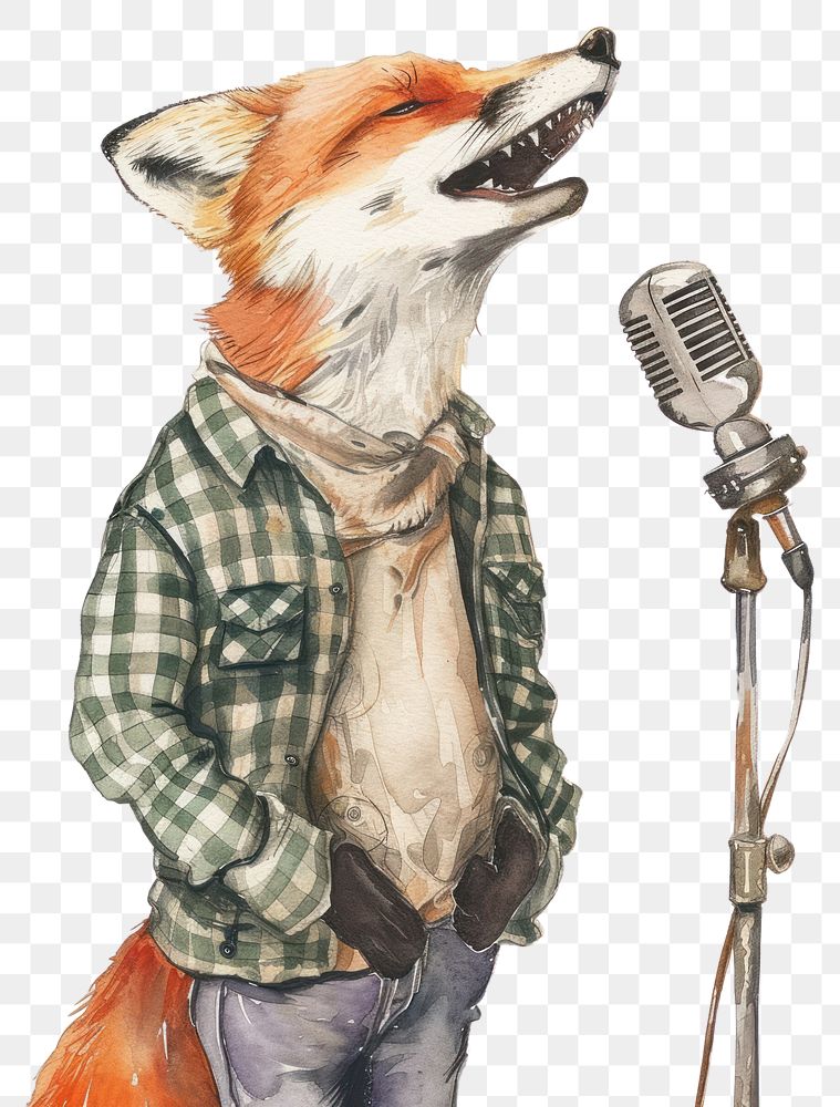 PNG  Fox with microphone watercolor mammal adult performance.
