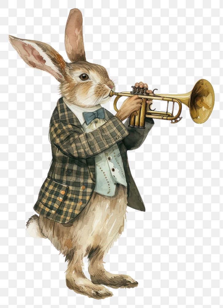 PNG  Rabbit playing trumpet watercolor animal mammal horn