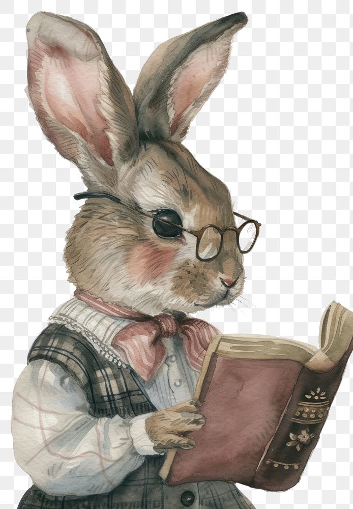 PNG  Rabbit reading book watercolor clothing rodent mammal.