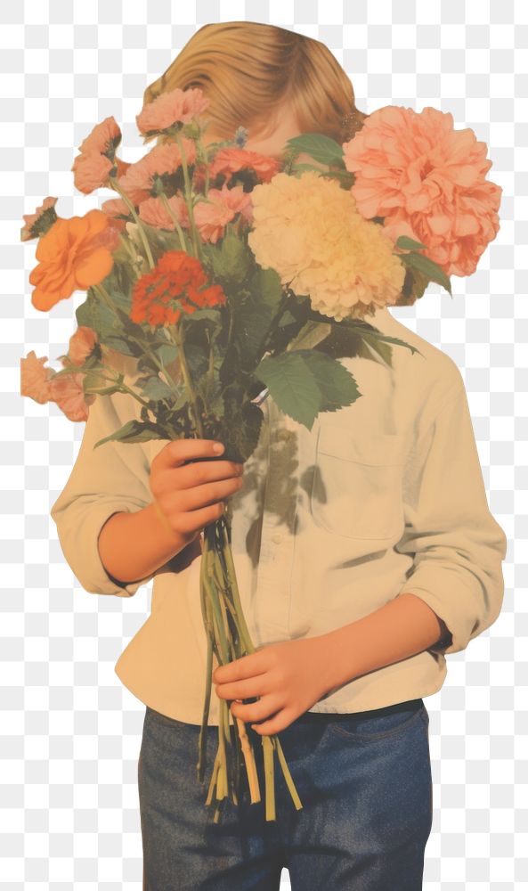 PNG  Boy with a bouquet of flowers art portrait plant