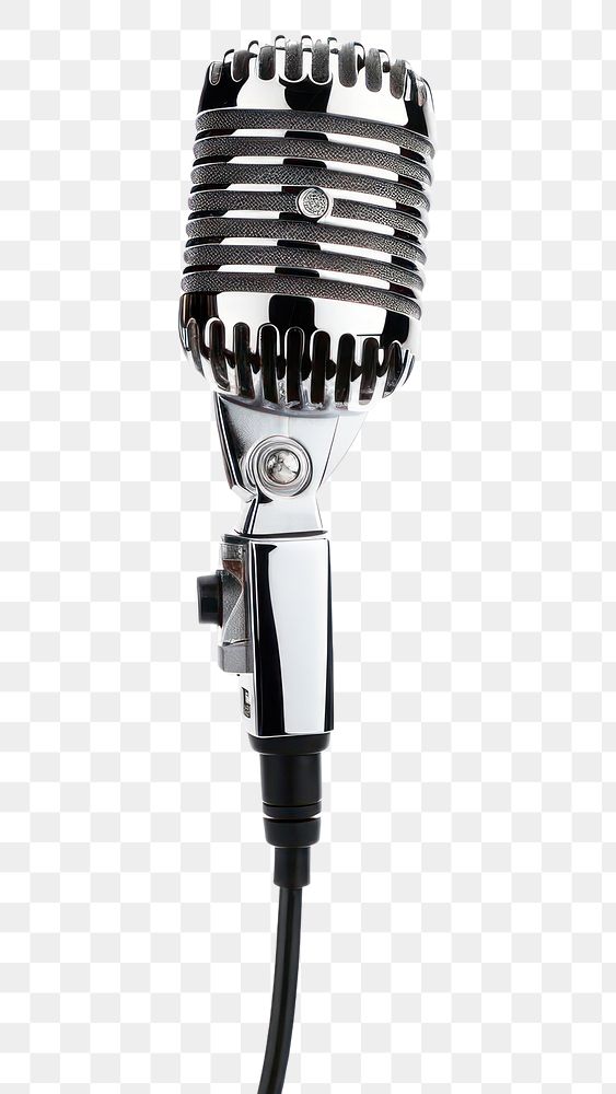 PNG  Vintage chrome microphone hanging from a cord white background performance technology.