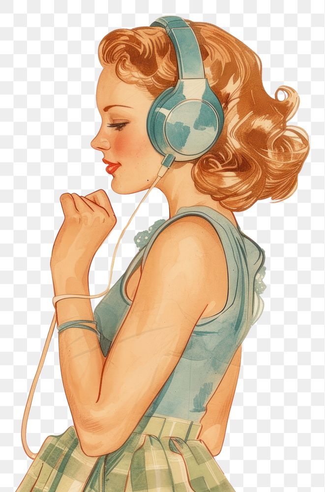 PNG Vintage illustration girl listen music headphones art painting.