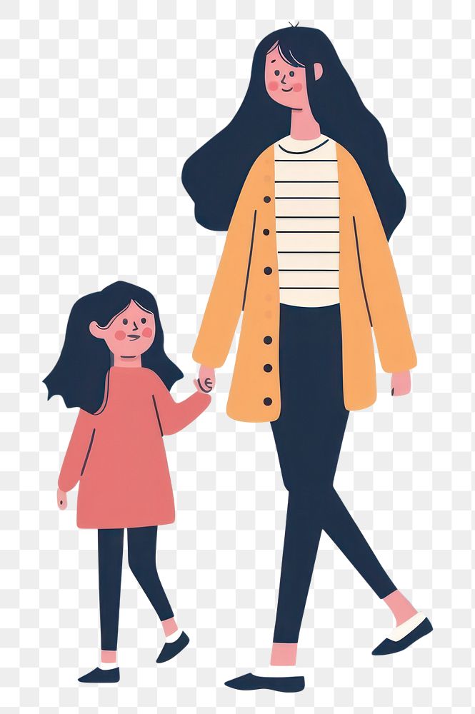 PNG Mother and daughter walking flat illustration adult art togetherness.