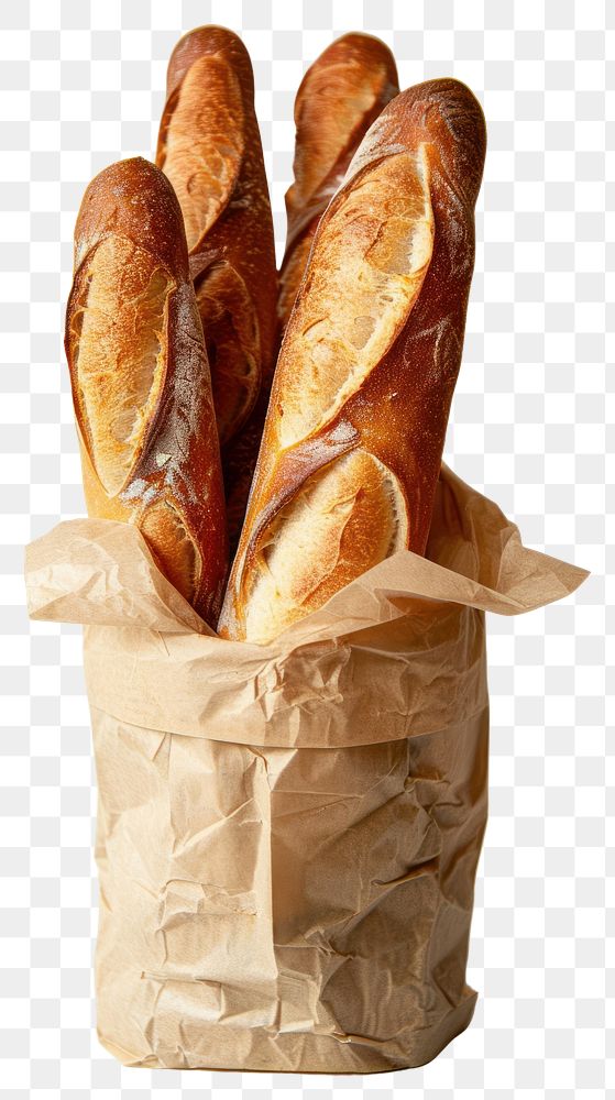 PNG A fresh baguettes in a paper bag bread food white background