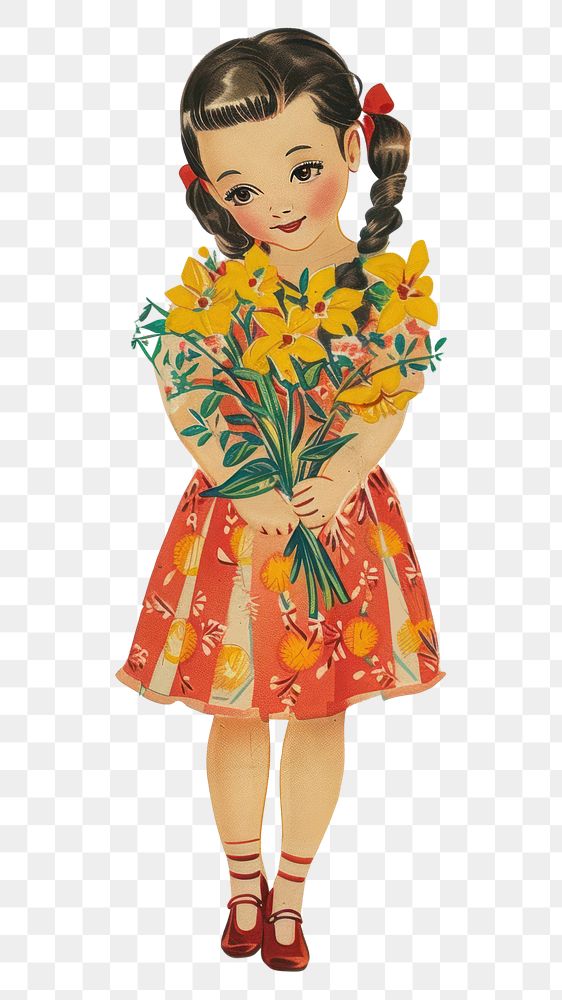 PNG Vintage illustration of a girl flower art portrait