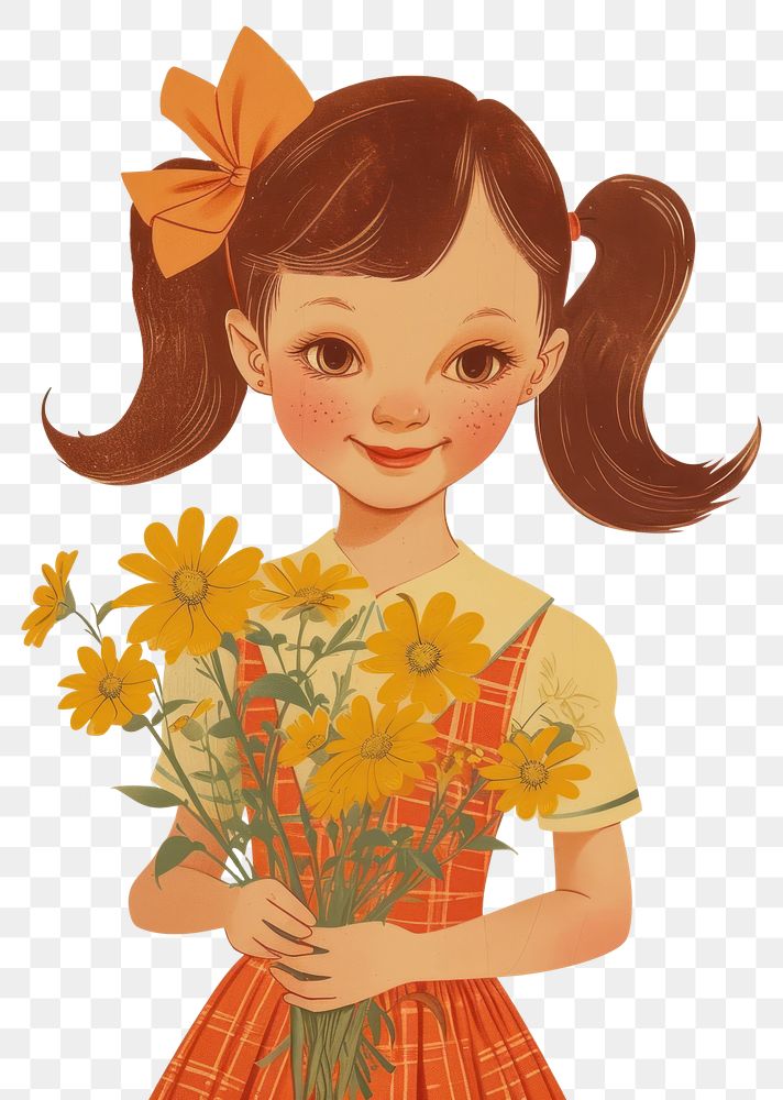 PNG Vintage illustration of a girl flower art portrait.