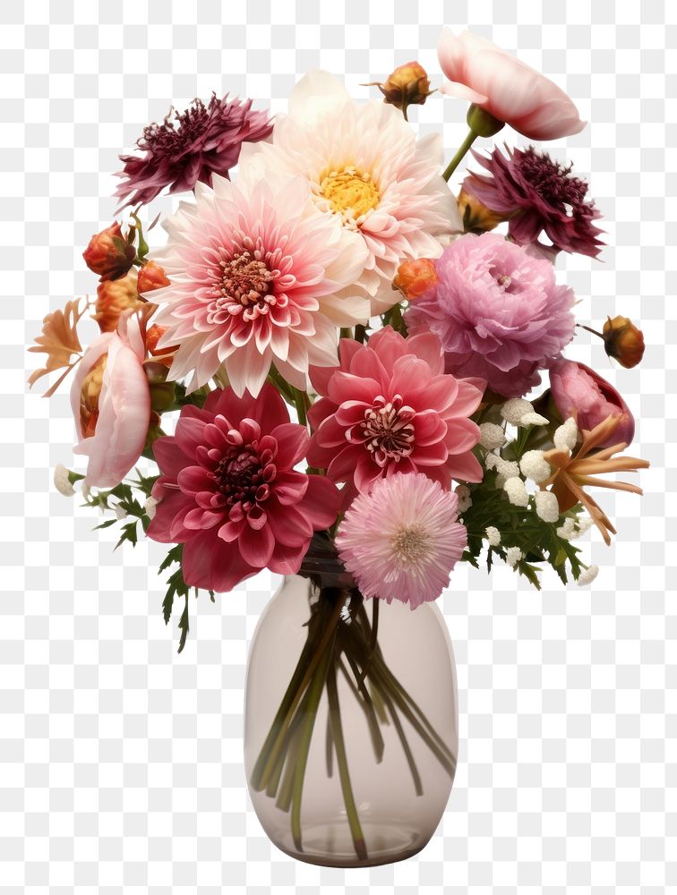 PNG A bouquet of different flowers vase plant white background.