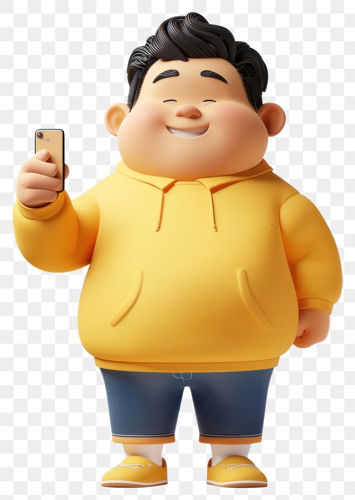 PNG  Chubby kid holding cellphone standing figurine toy.