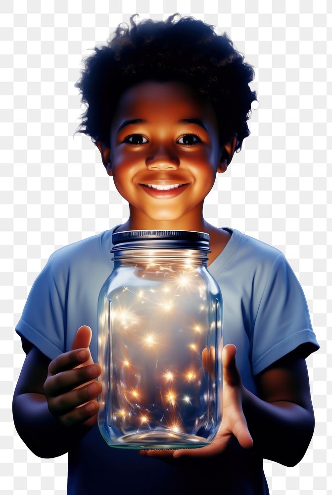 PNG An African-American kid holding a galaxy in a jar in two arms portrait light smile.