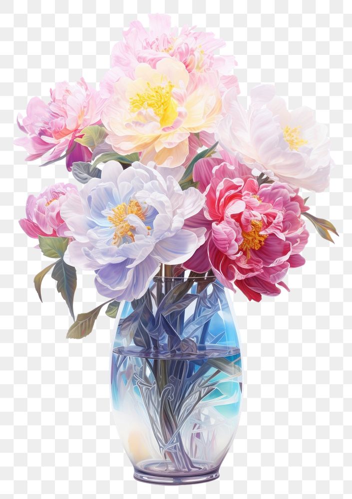 PNG Fully bloomed peonies in galaxy vase art blossom flower.