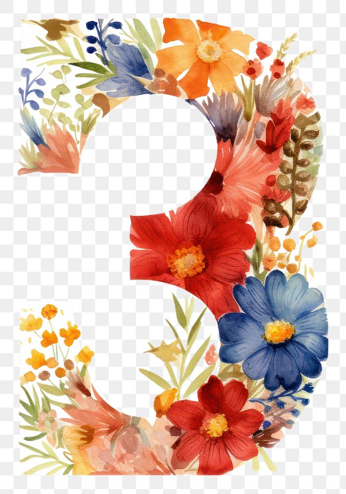 PNG Floral inside letter number 3 flower text white background.