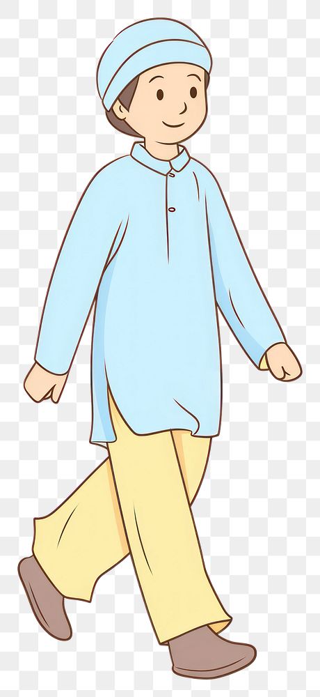 PNG Doodle illustration of muslim boy walking cartoon white background.