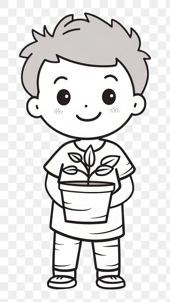 PNG Kid holding potted plant drawing cartoon sketch.
