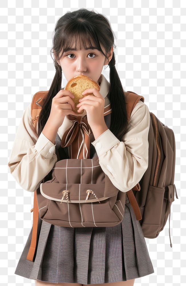 PNG Japanese female student bag holding bread.