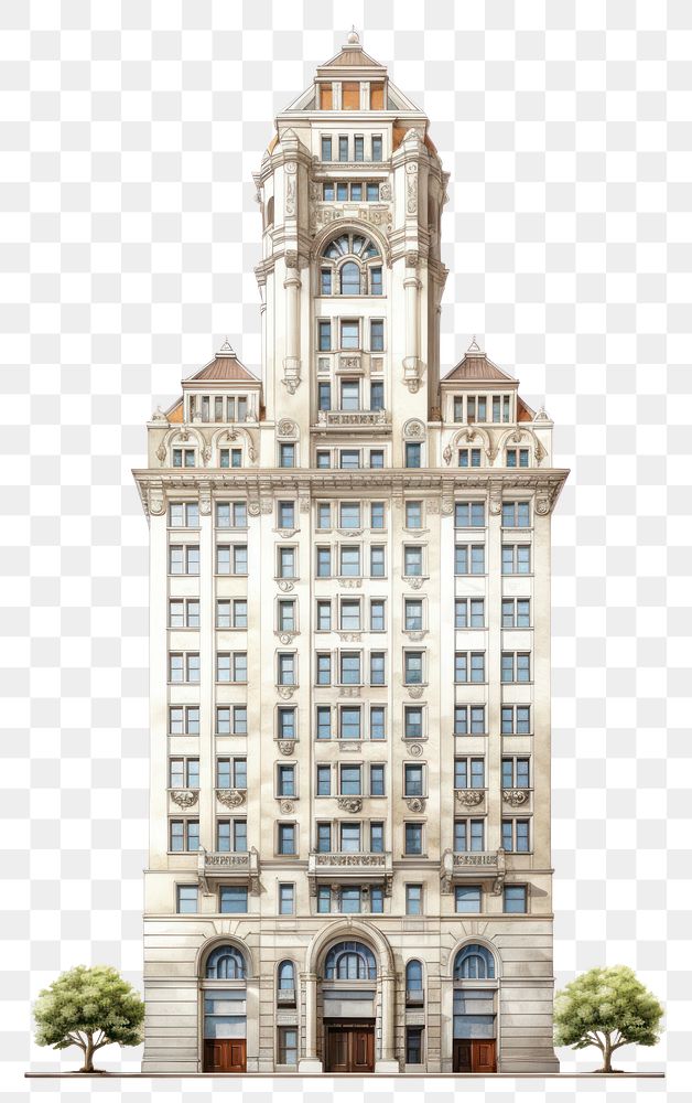 PNG Architecture illustration of a american tall classic building tower city white background.