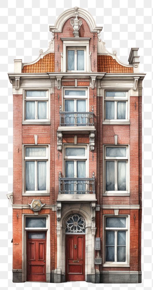PNG Architecture illustration of a dutch tall rowhouse building window city.