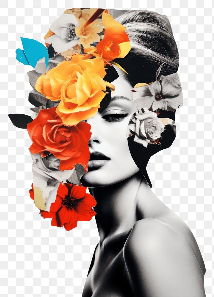 PNG Photo paper collage of portrait modern women flower art fashion.