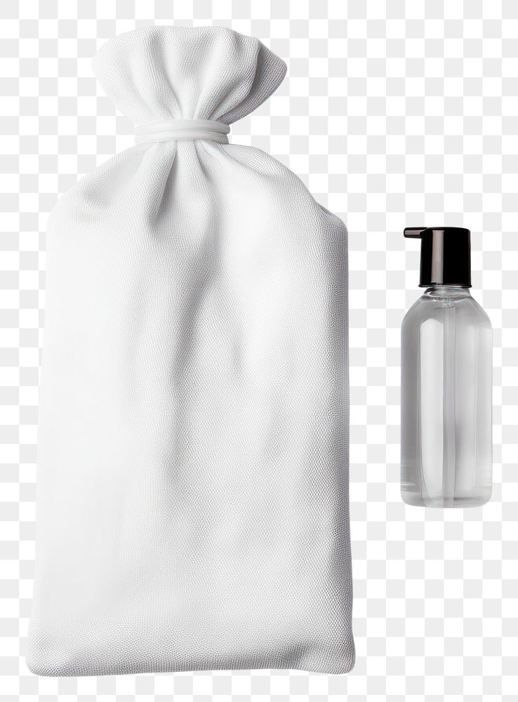 PNG Blank white cotton flat drawstring pouch and travel size soap bottle put on basin in the hotel bathroom bag simplicity…