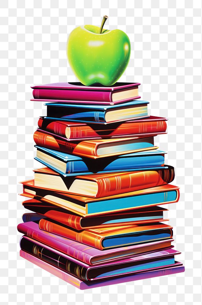PNG Airbrush art of an apple on book stacked publication intelligence university.