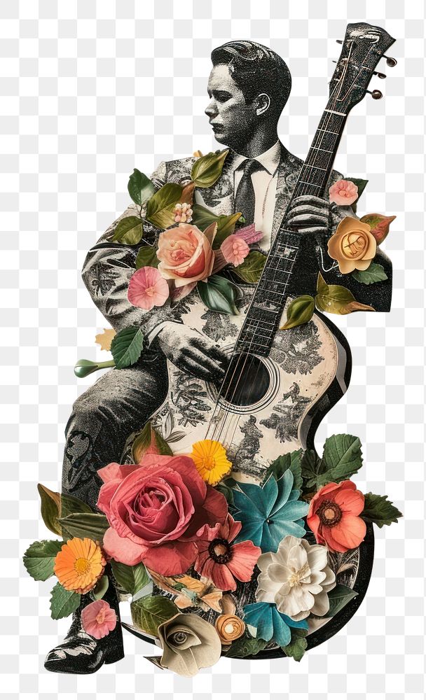 PNG Paper collage of guitar flower art white background.