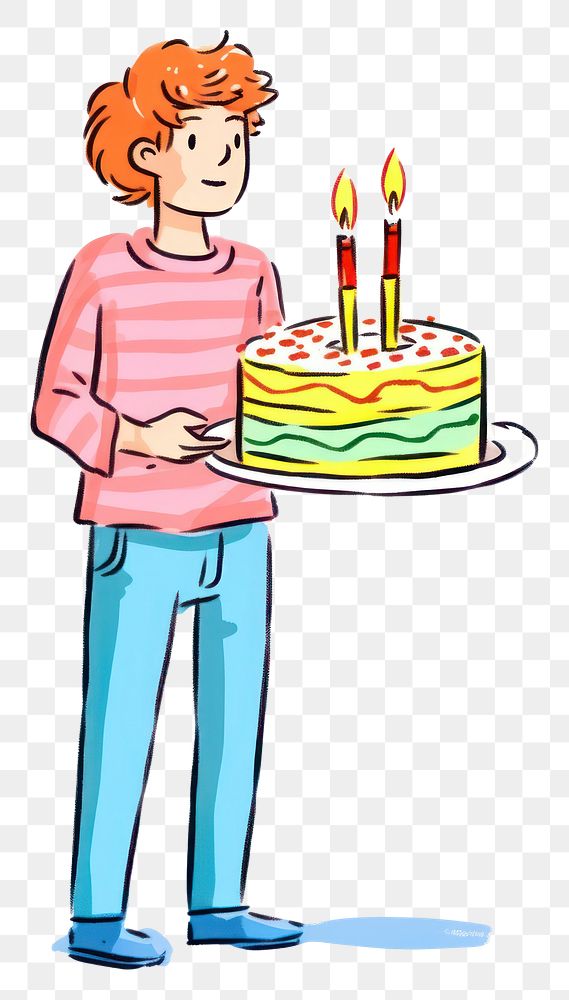 PNG Doodle illustration adult boy cake birthday dessert.