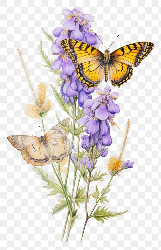 PNG Butterfly with yellow and purple flowers drawing insect animal